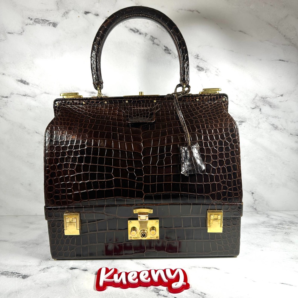 ❌❌ Hermes Crocodile Doctor's Bag Sac Mallette Marron Fonce Shiny Vintage tote - Picture 3 of 16